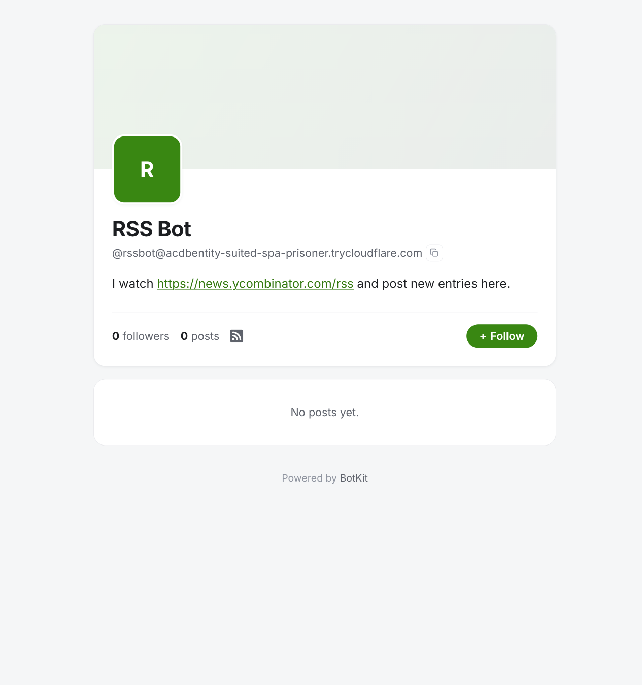 The bot's web-rendered profile page, showing its name, handle, summary,
and a follower/post count of zero