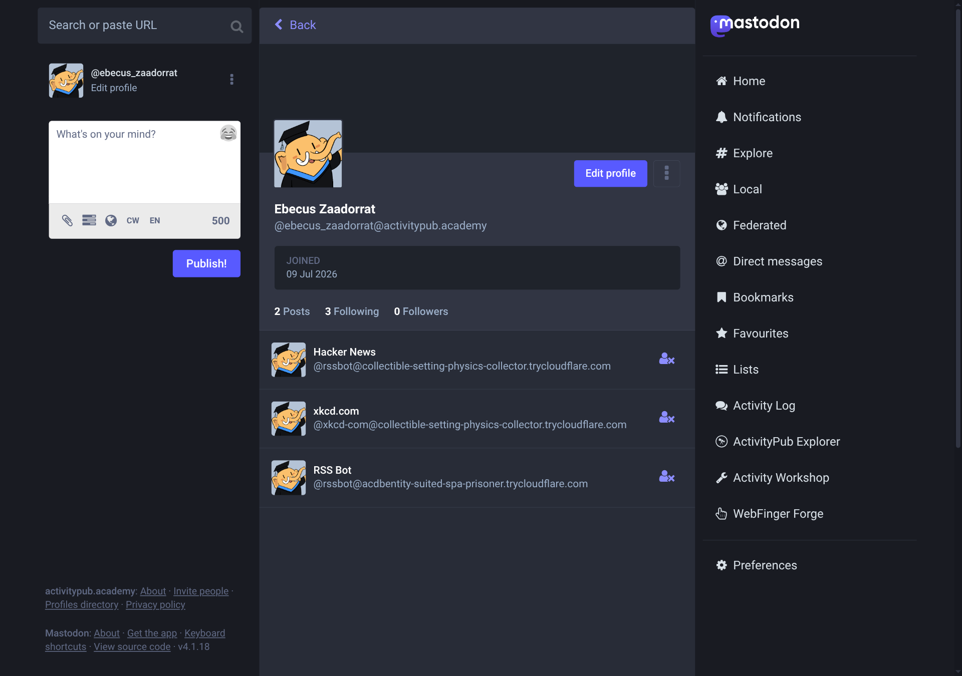 An account's following list showing three separate bots: the migrated
original under its rssbot handle, the newly registered xkcd.com feed, and
a third bot from a separate Node.js
run